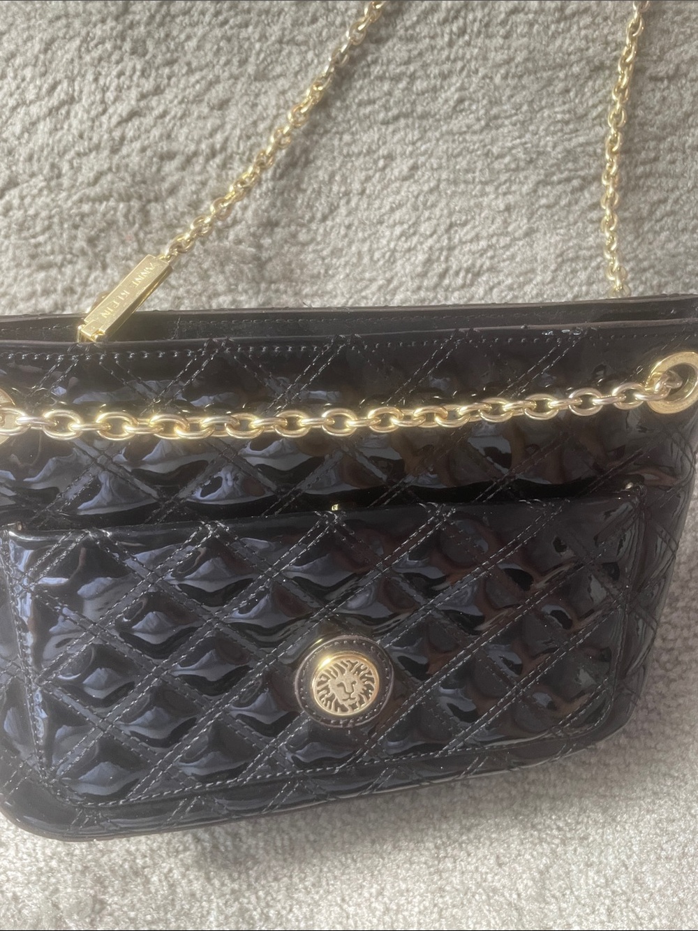 Ann Klein Quilted Patent Chain Shoulder Bag with Gold Hardware